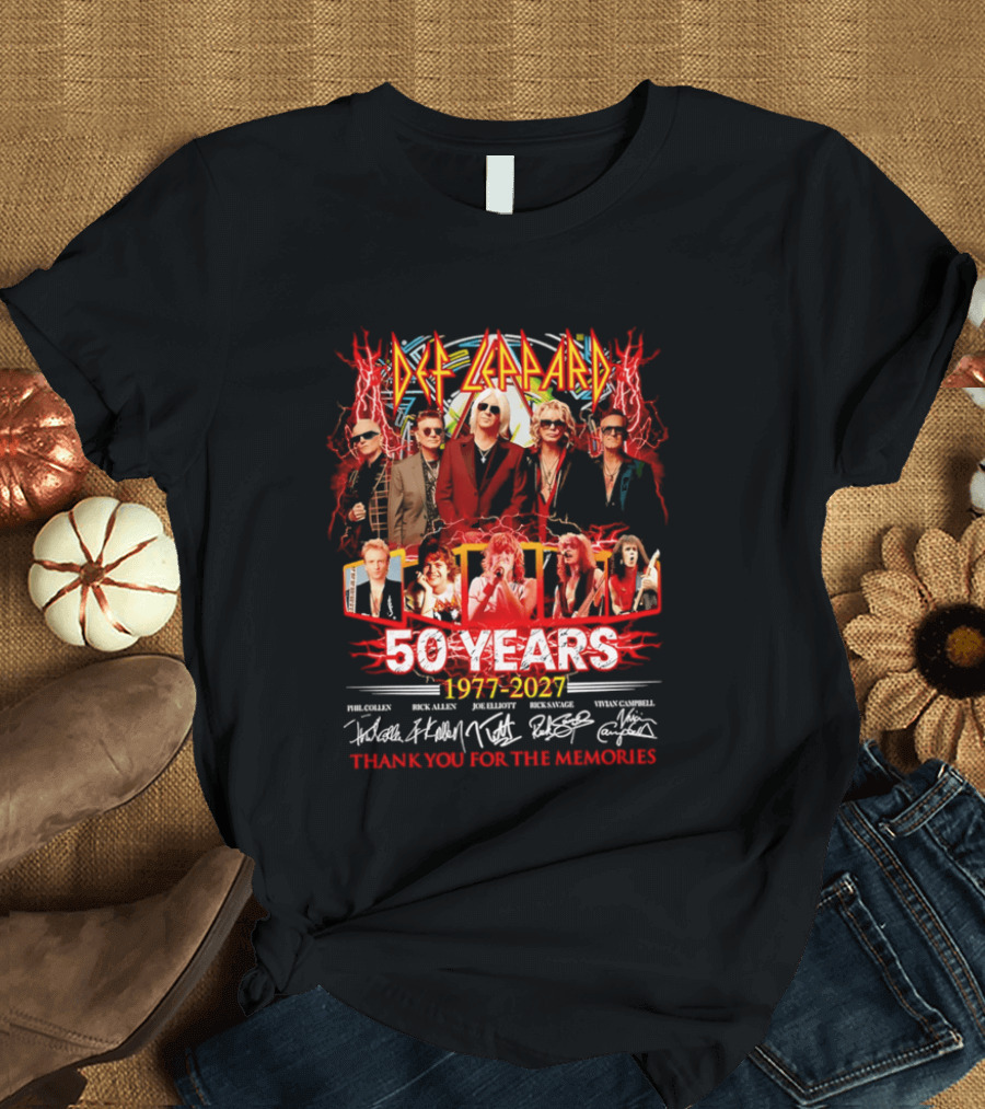 Def Leppard 50 Years 1977 2027 Thank You For The Memories Rock Legends Celebration Autographed Collage T-Shirt