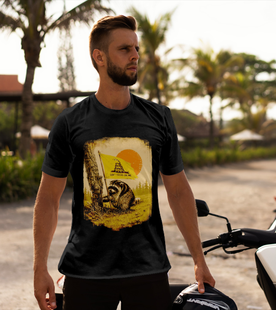 Don't Tread On Me Raccoon Holding Gadsden Flag Rustic Sun T-Shirt