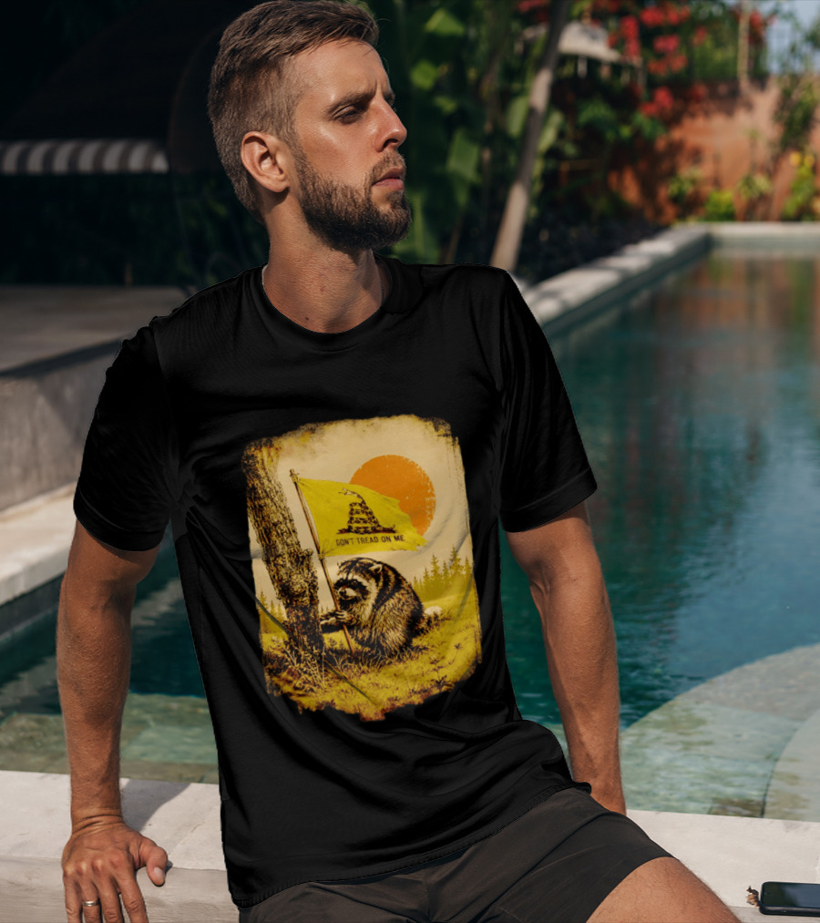 Don't Tread On Me Raccoon Holding Gadsden Flag Rustic Sun T-Shirt