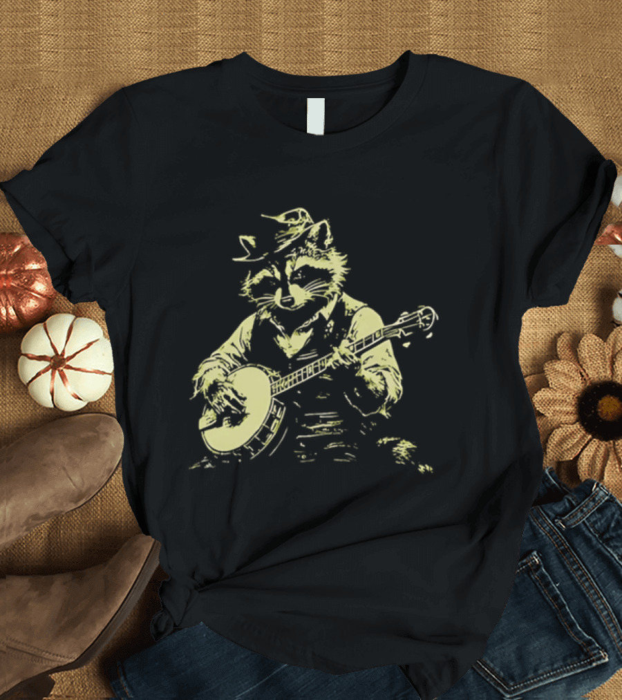 Raccoon Strumming Banjo Wearing Hat And Vest T-Shirt