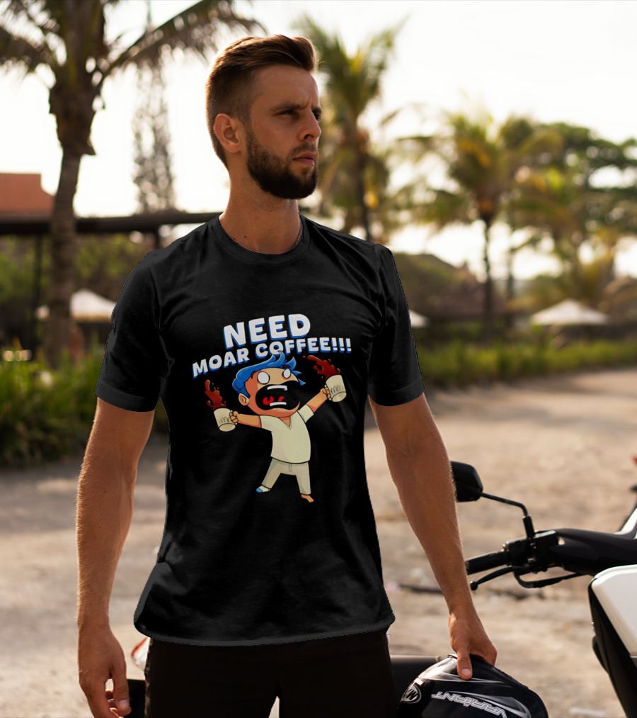 NEED MOAR COFFEE Cartoon Character With Spilled Cups T-Shirt