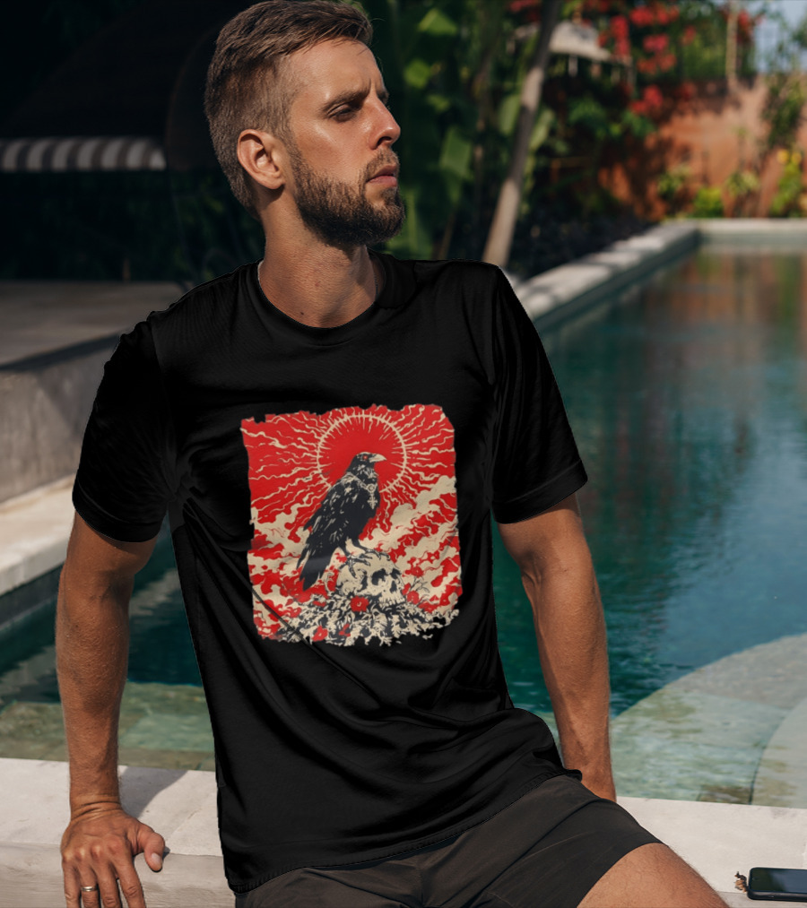 The Crow And The Skull Vintage Gothic Illustration Red Sunburst Mystical T-Shirt