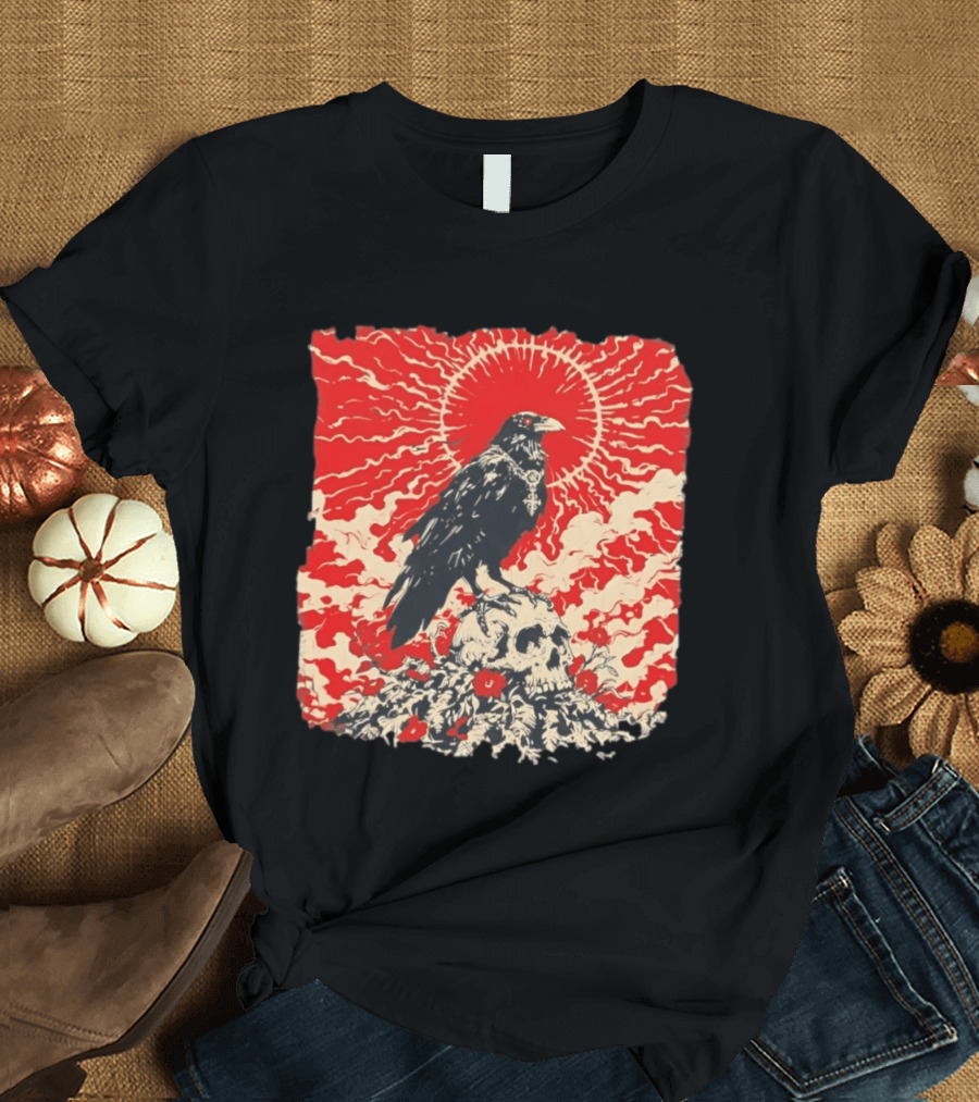 The Crow And The Skull Vintage Gothic Illustration Red Sunburst Mystical T-Shirt