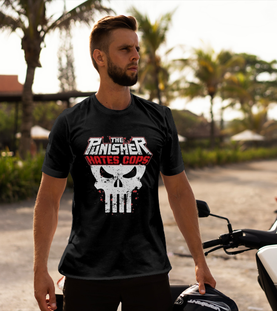 The Punisher Hates Cops Skull Symbol Red White T-Shirt