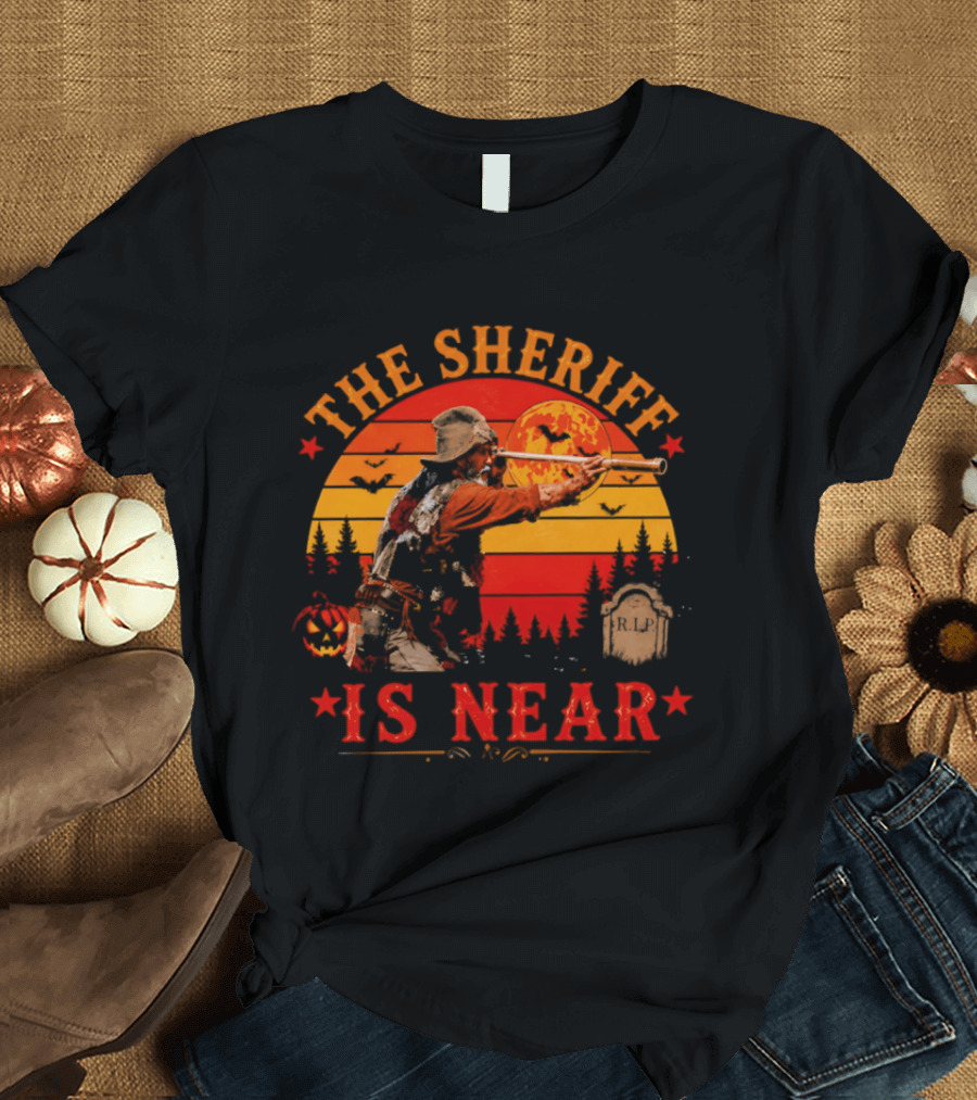 The Sheriff Is Near Halloween Cowboy Full Moon Tombstone Pumpkin Bats T-Shirt
