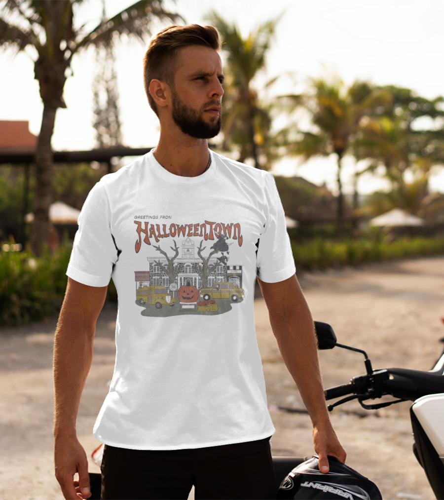 Greetings From Halloweentown Spooky Pumpkin Taxi Bus Haunted House Scene T-Shirt