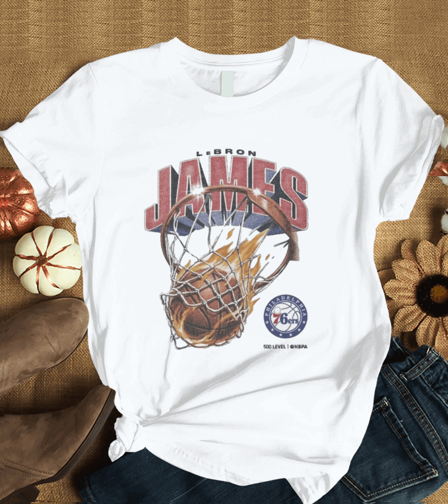 LeBron James Philadelphia 76ers Basketball Hoop Fire NBA 90s T-Shirt