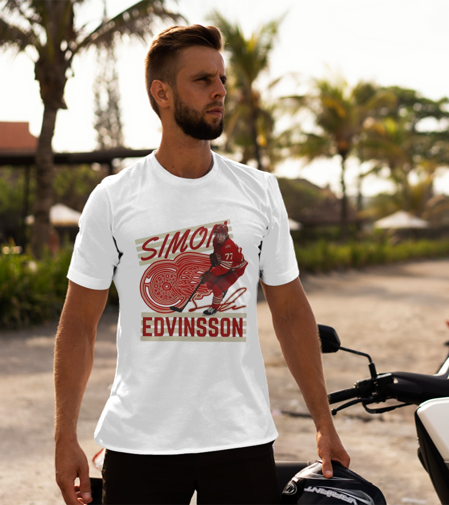 Simon Edvinsson 77 Detroit Red Wings Signature Hockey T-Shirt