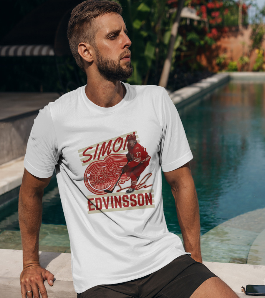 Simon Edvinsson 77 Detroit Red Wings Signature Hockey T-Shirt