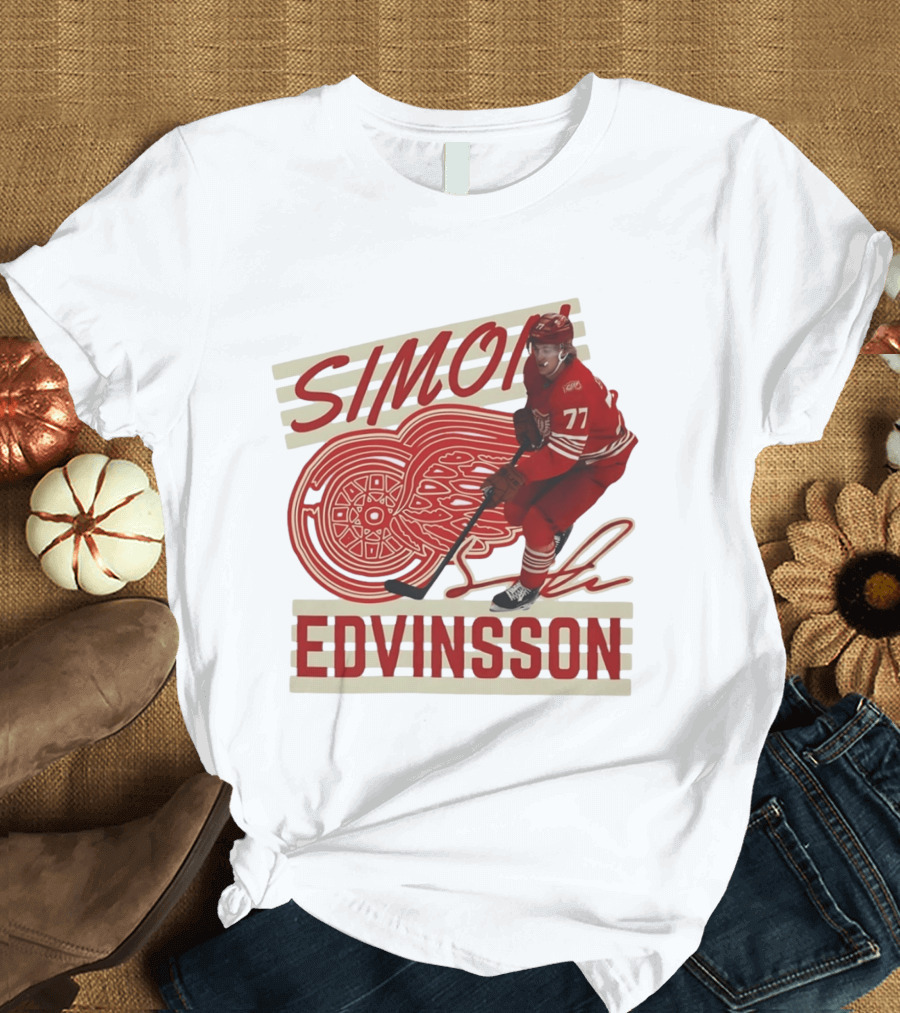 Simon Edvinsson 77 Detroit Red Wings Signature Hockey T-Shirt