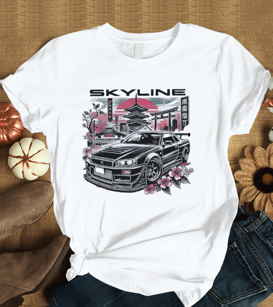 Skyline Japanese Cherry Blossom Car Pagoda Sun Blossoms T-Shirt