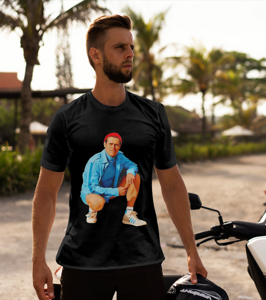 Willem Dafoe Meme Red Beanie Blue Tracksuit Squatting Pose T-Shirt