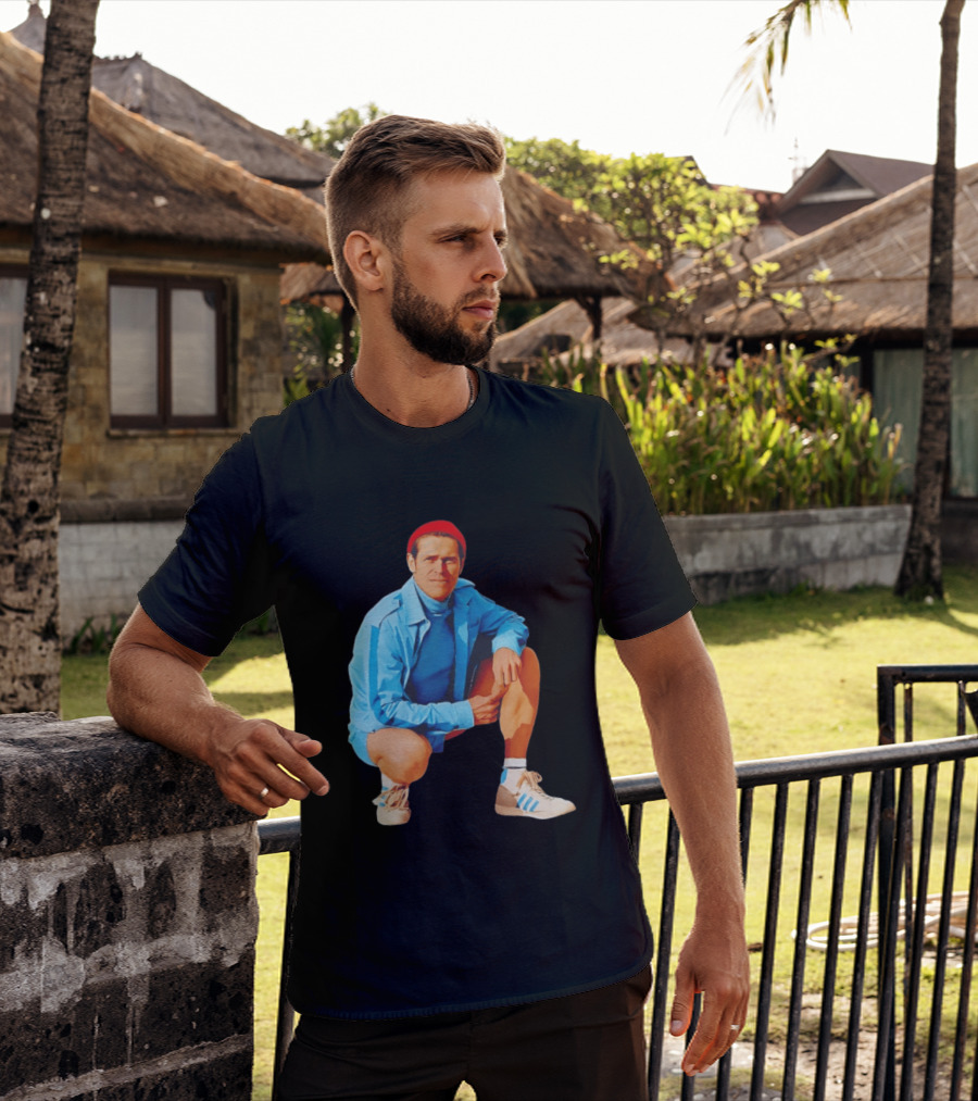 Willem Dafoe Meme Red Beanie Blue Tracksuit Squatting Pose T-Shirt