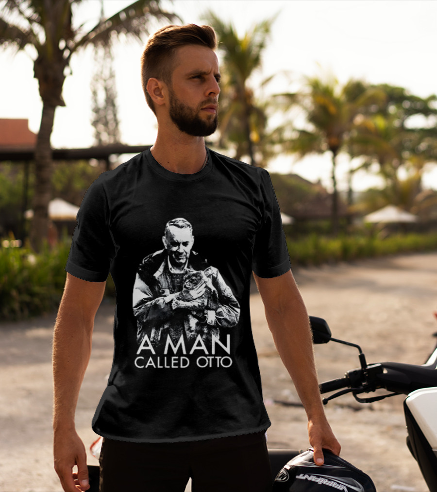 A Man Called Otto Holding Cat In Black And White T-Shirt