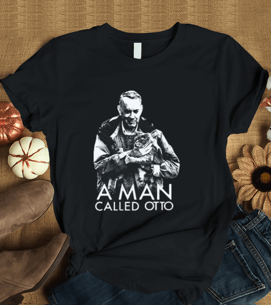 A Man Called Otto Holding Cat In Black And White T-Shirt