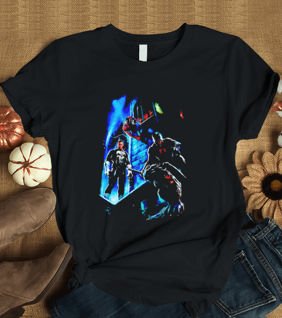 Marvel Comics Vigilante Action The Punisher Spider Man Daredevil Urban Battle Scene T-Shirt