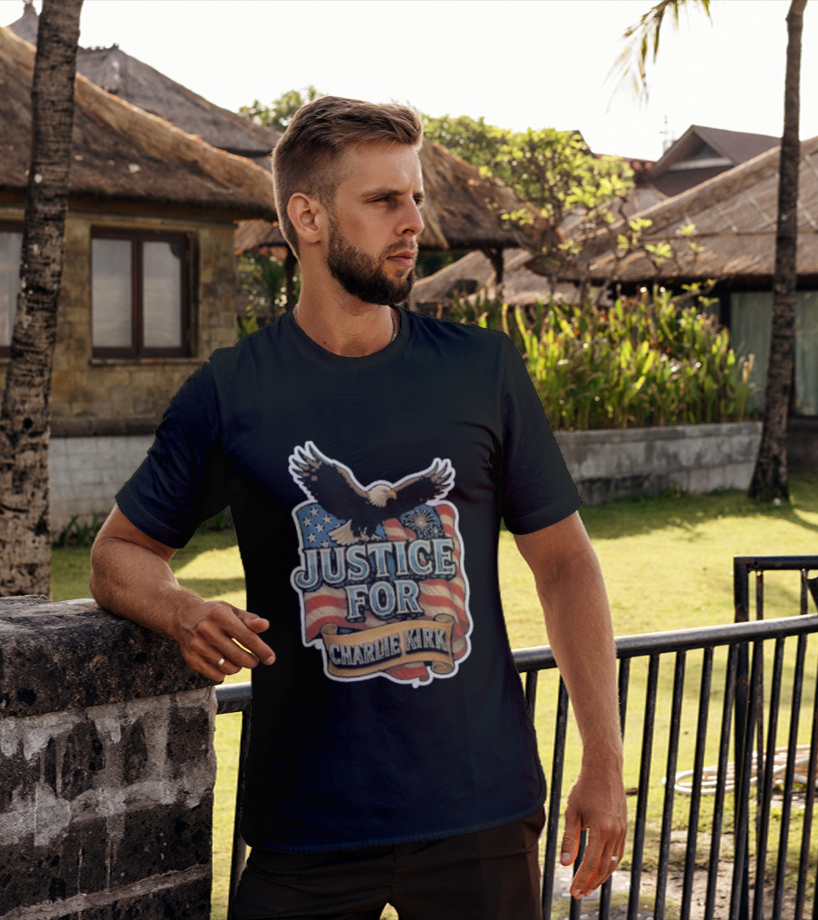 Justice For Charlie Kirk Bald Eagle American Flag Banner T-Shirt