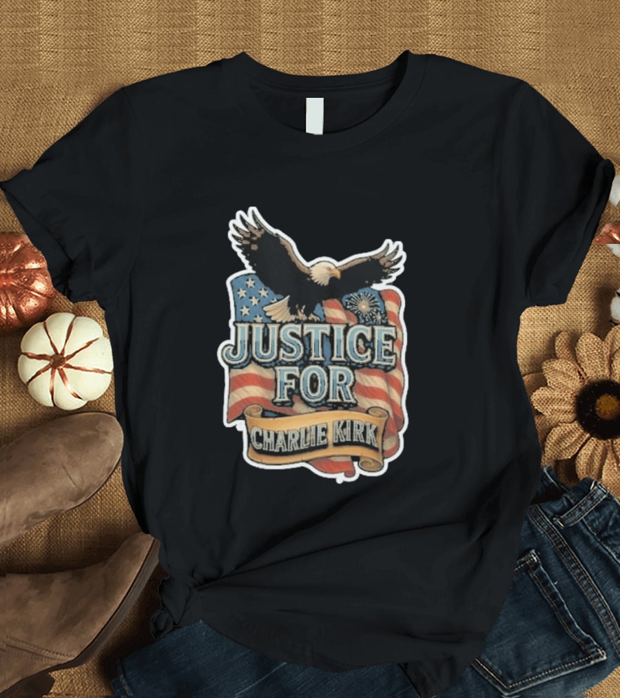 Justice For Charlie Kirk Bald Eagle American Flag Banner T-Shirt