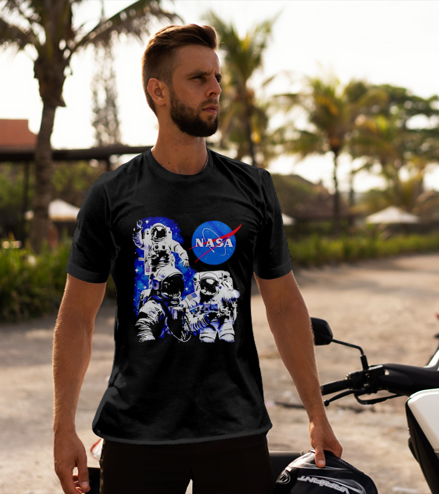 NASA Space Exploration Three Astronauts Floating In Deep Space T-Shirt