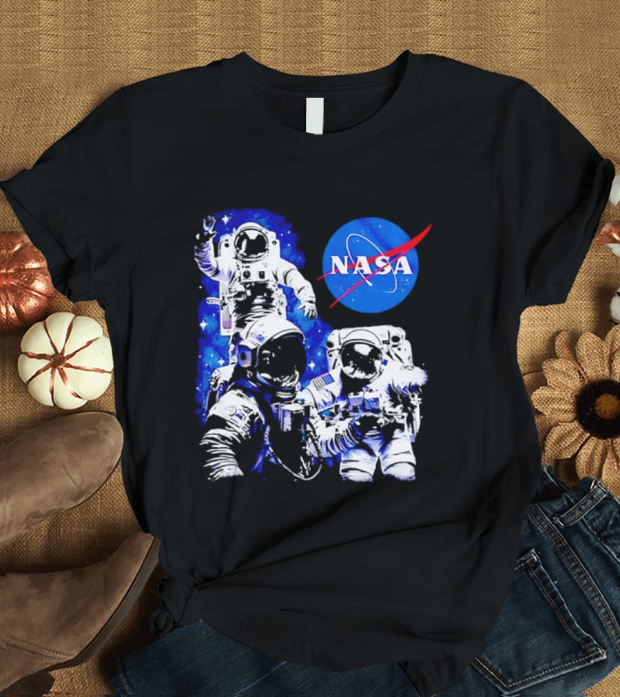 NASA Space Exploration Three Astronauts Floating In Deep Space T-Shirt