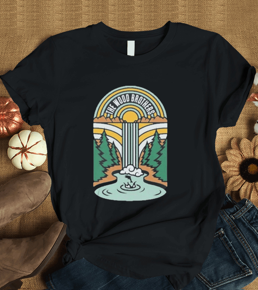 The Wood Brothers Waterfall Nature Scene With Sunburst And River Rapids T-Shirt