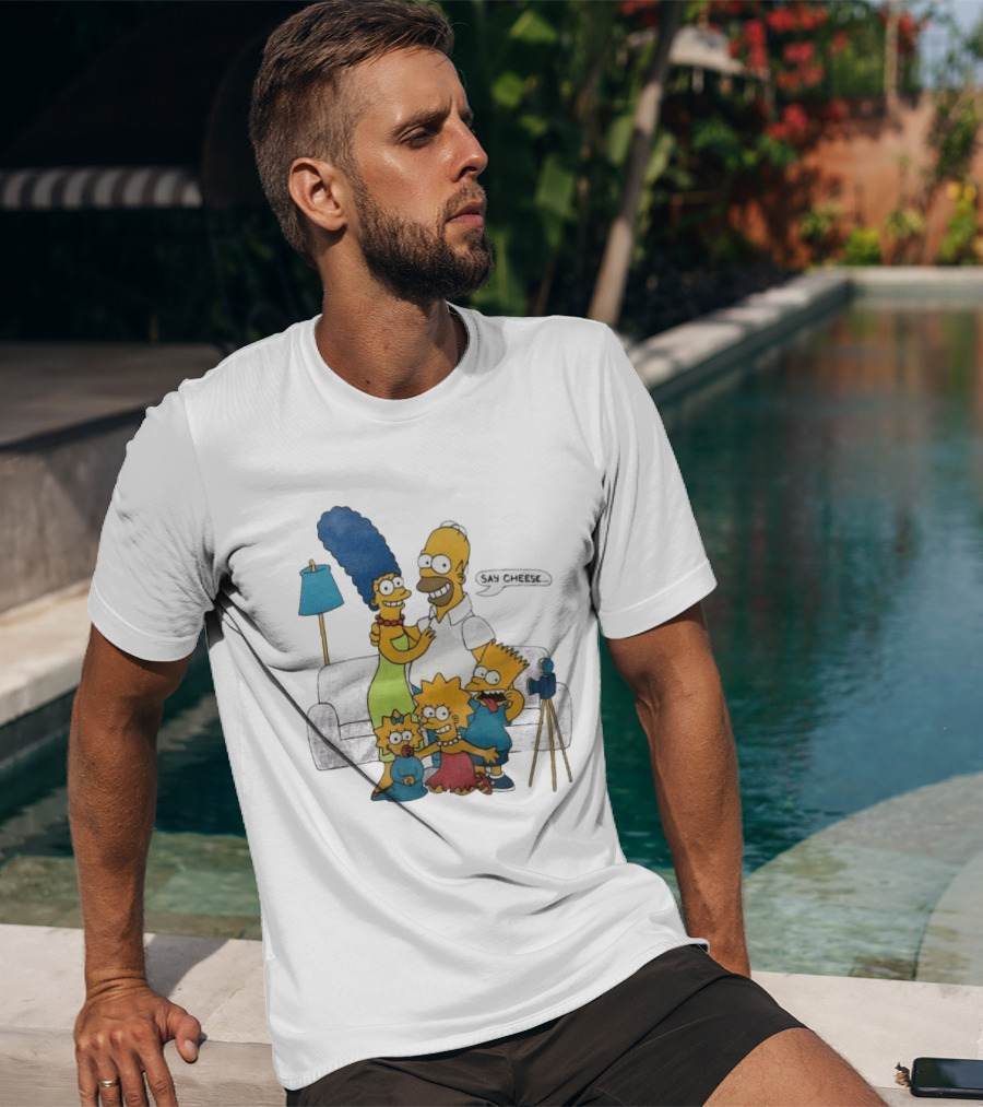 Jayden Daniels Simpsons Family Say Cheese White Couch Scene T-Shirt