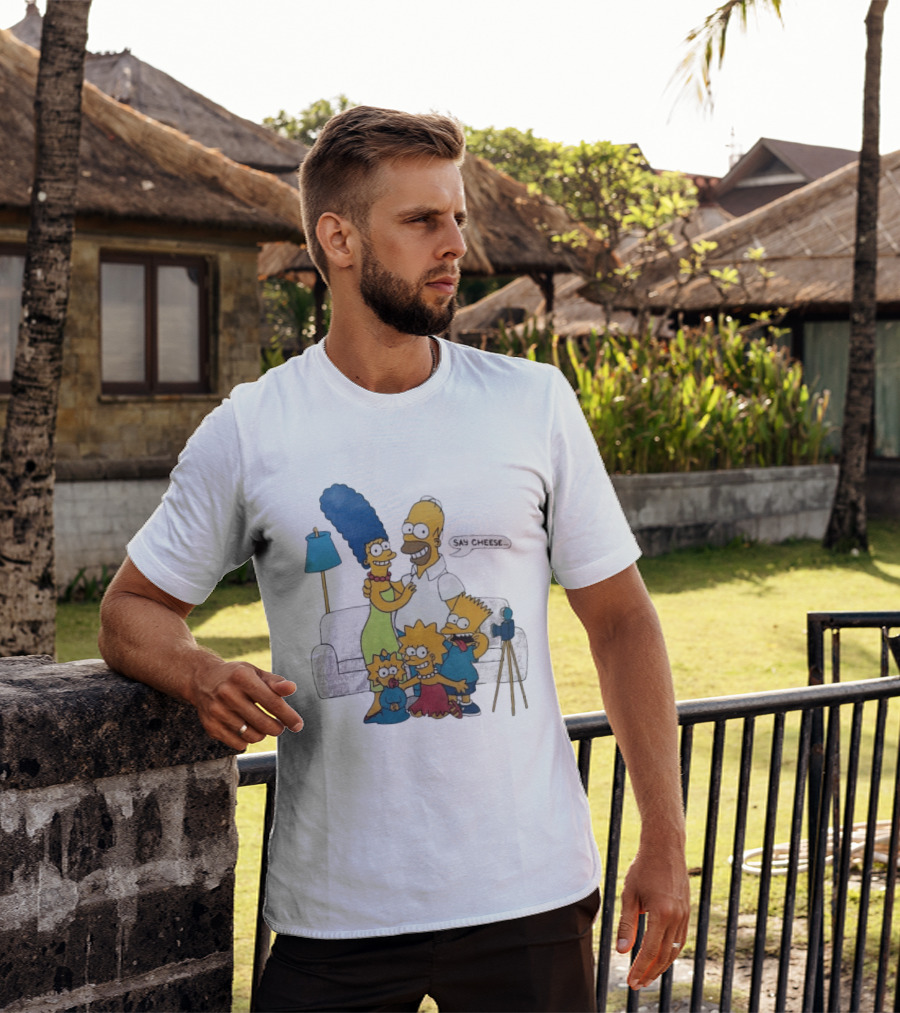 Jayden Daniels Simpsons Family Say Cheese White Couch Scene T-Shirt