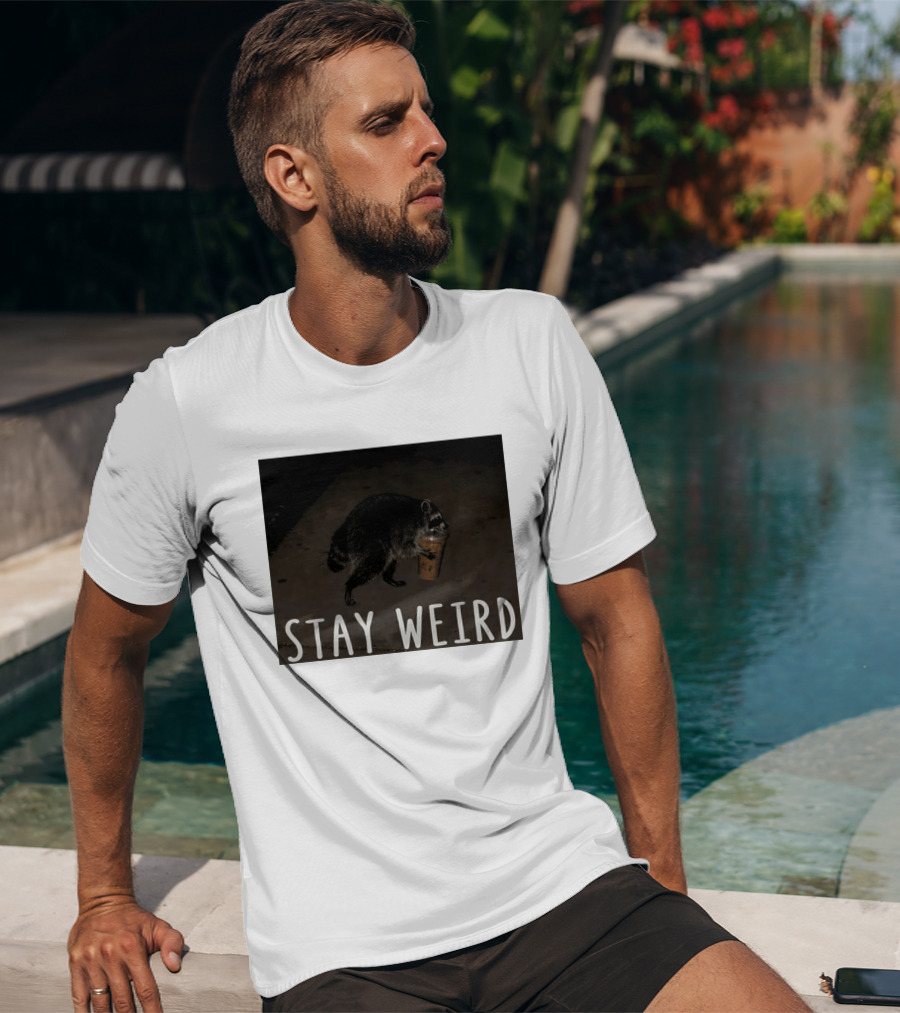 Jimothy Raccoon Drinking Iced Coffee Stay Weird Animal Lover Meme T-Shirt