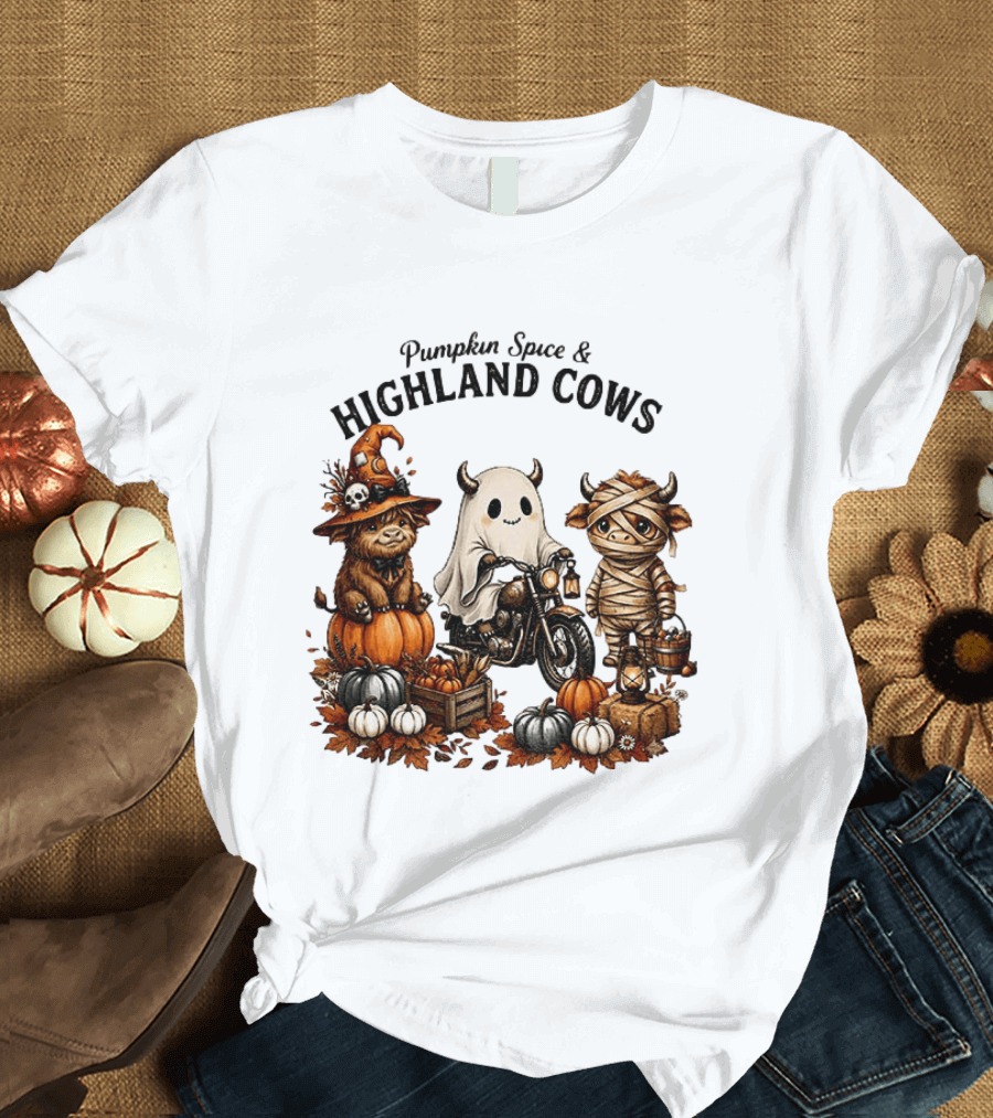 Pumpkin Spice And Highland Cows Halloween Fun T-Shirt