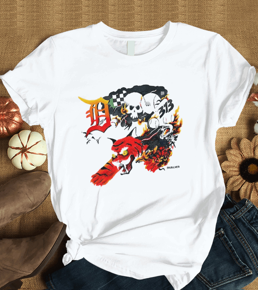 Skullxer 313 Detroit Tigers MLB 2026 With Flaming Devil And Skulls T-Shirt