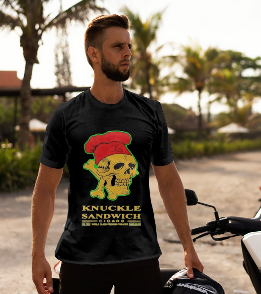 Knuckle Sandwich Cigars World Class Tobacco Skull With Red Chef Hat And Crossbones T-Shirt