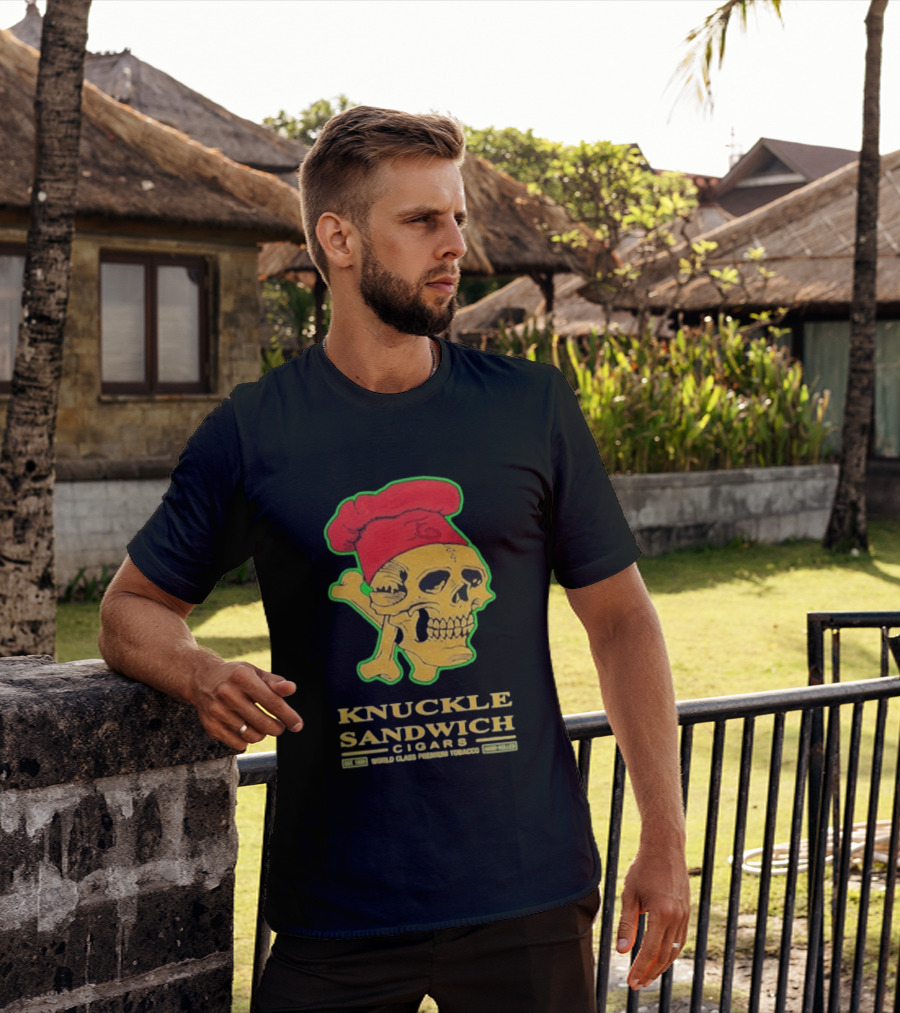 Knuckle Sandwich Cigars World Class Tobacco Skull With Red Chef Hat And Crossbones T-Shirt