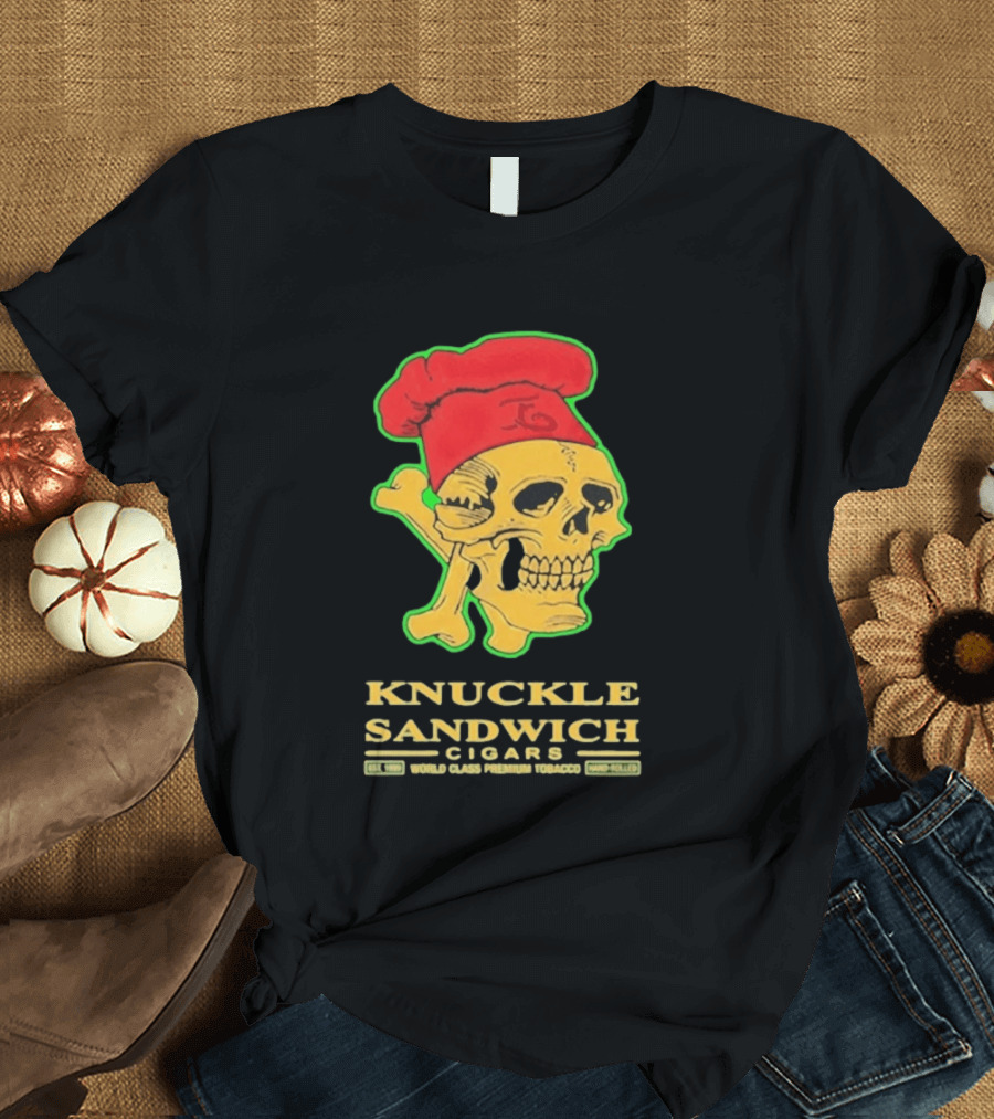 Knuckle Sandwich Cigars World Class Tobacco Skull With Red Chef Hat And Crossbones T-Shirt