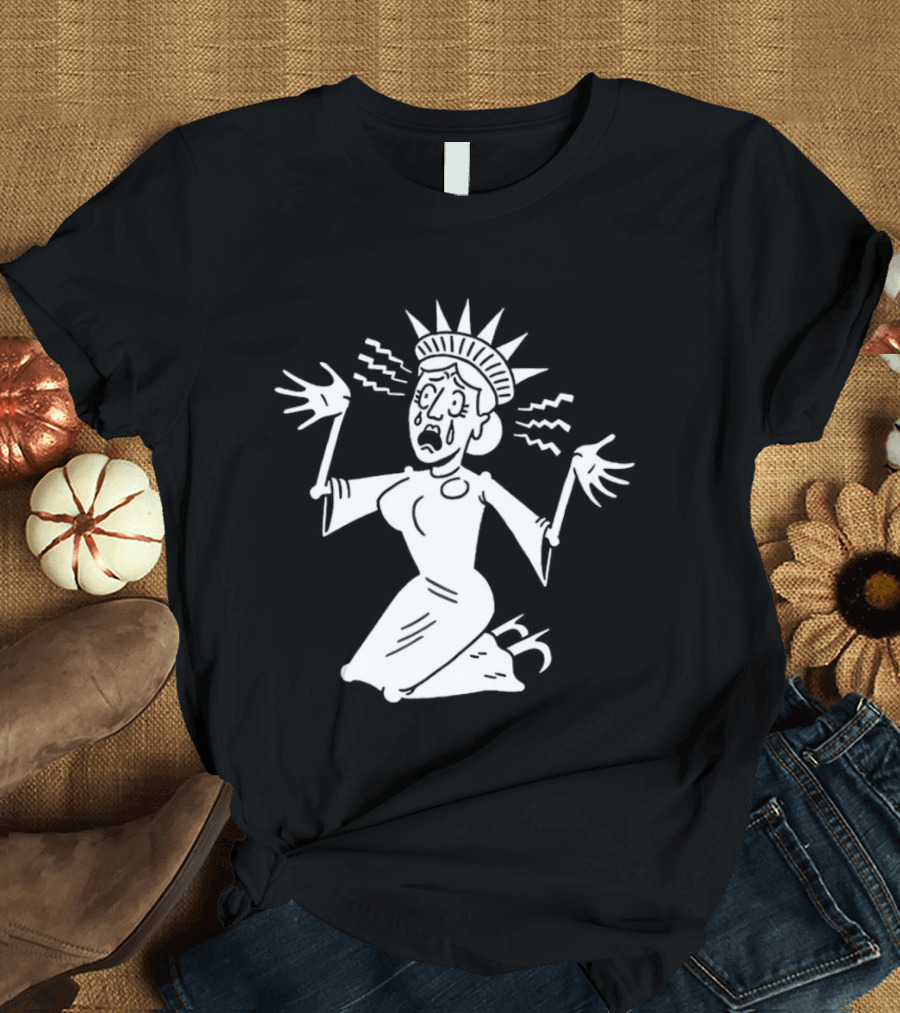 Lady Liberty Patriotic Panic Cartoon Sketch Yankee Doodle Distress T-Shirt