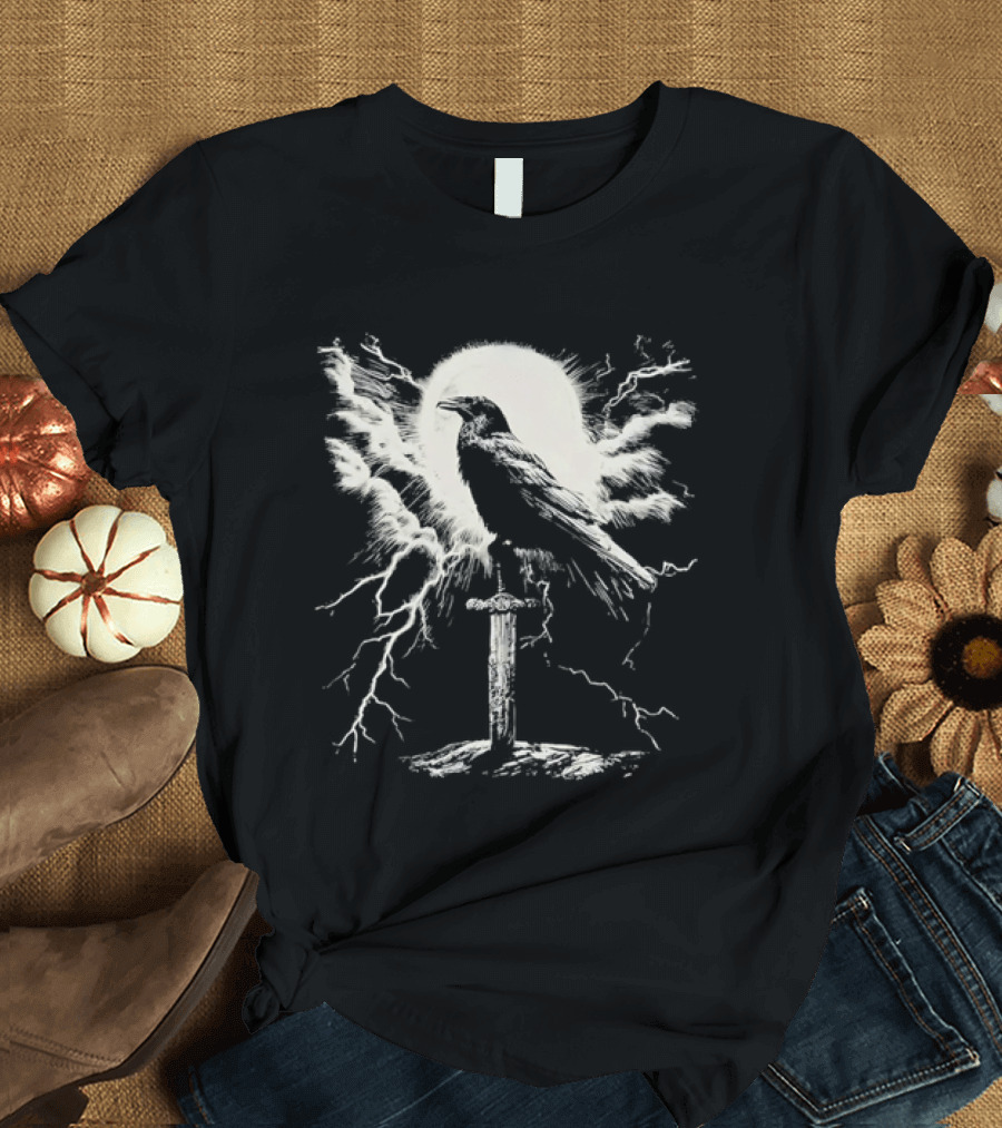Raven On Sword With Lightning And Moon T-Shirt