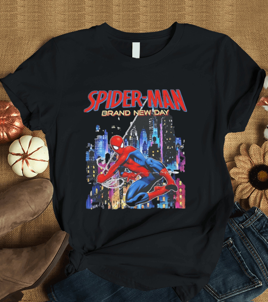 Spider Man Brand New Day Web Superhero Swinging City Night Marvel Studios T-Shirt