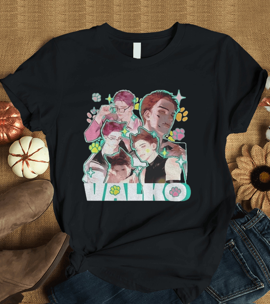 Valko Anime Characters And Colorful Paw Prints T-Shirt