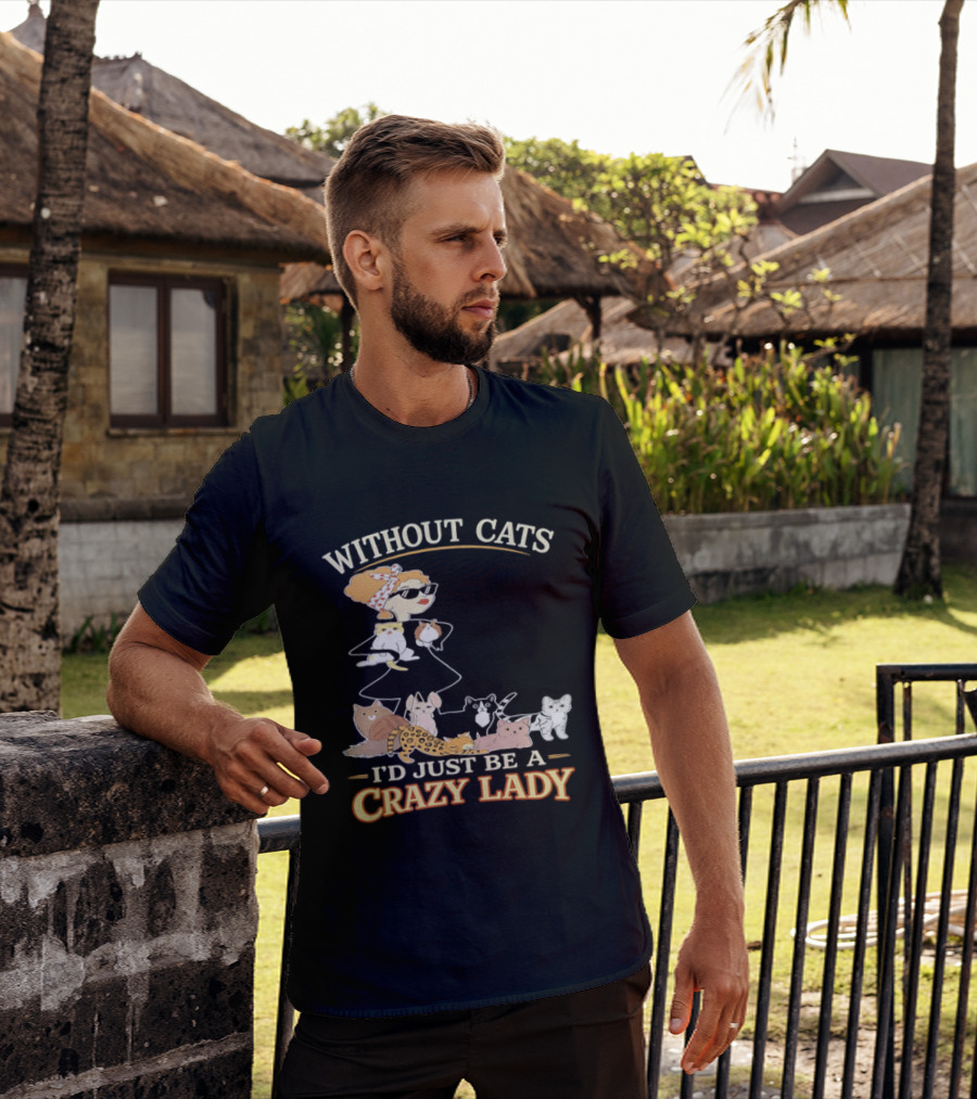 Without Cats I'd Just Be A Crazy Lady Pet Lover Vintage Cartoon T-Shirt
