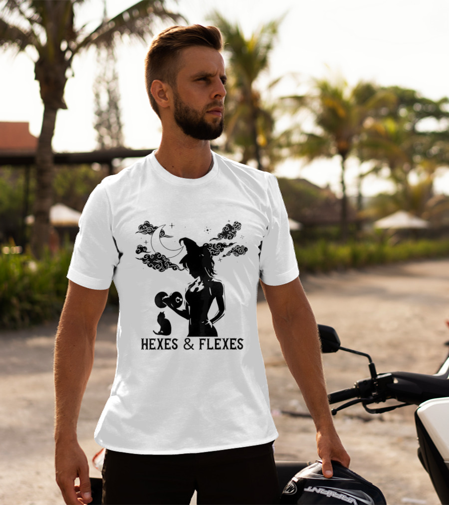 Spooky Fitness Witch Lifting Dumbbell With Cat Hexes & Flexes Moon Clouds T-Shirt