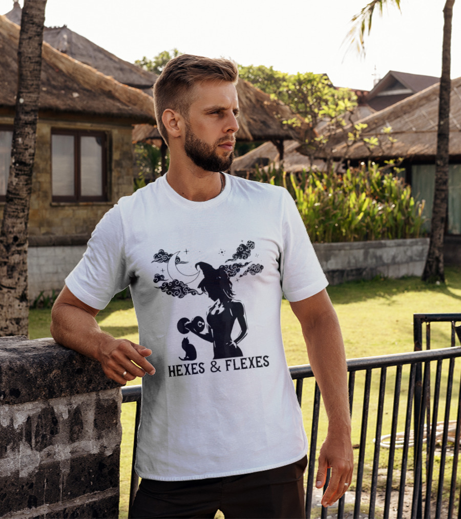Spooky Fitness Witch Lifting Dumbbell With Cat Hexes & Flexes Moon Clouds T-Shirt