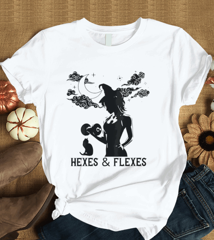 Spooky Fitness Witch Lifting Dumbbell With Cat Hexes & Flexes Moon Clouds T-Shirt