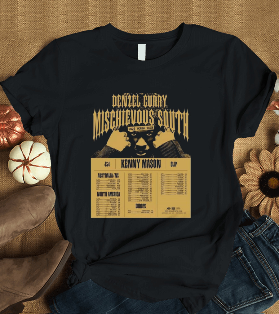 Denzel Curry Mischievous South 2025 World Tour Kenny Mason Clip 454 Australia North America Europe Dates T-Shirt