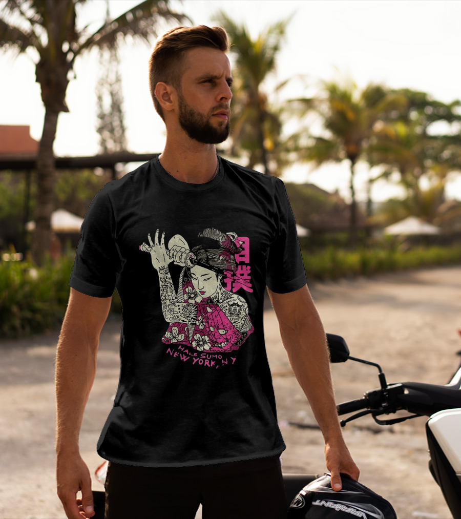 Tattooed Geisha With Katana And Flowers Japanese Samurai Half Sumo New York NY T-Shirt