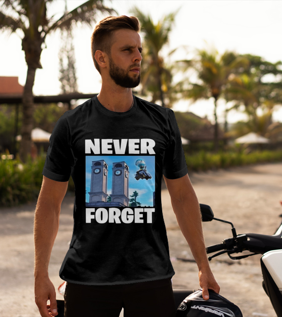 NEVER FORGET Twin Tilted Towers Fortnite Battle Bus T-Shirt
