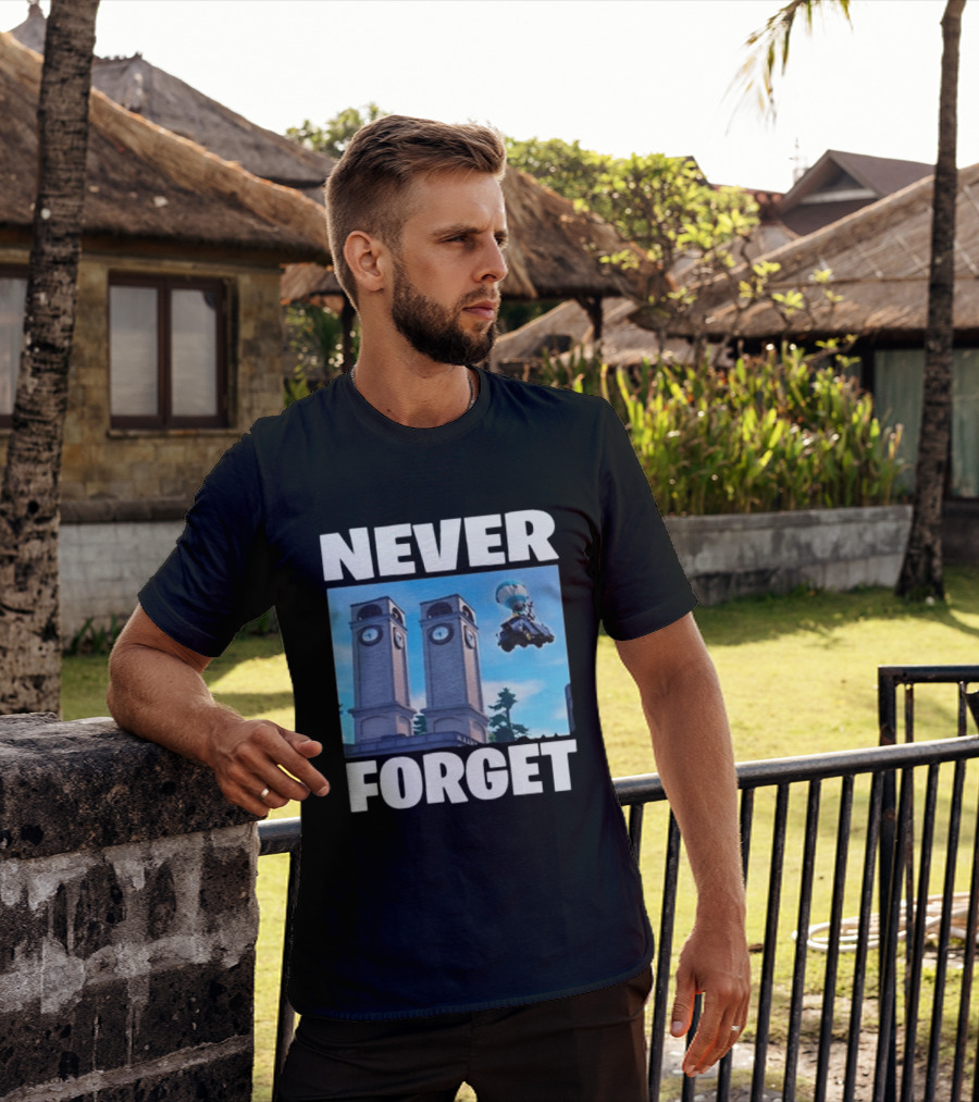 NEVER FORGET Twin Tilted Towers Fortnite Battle Bus T-Shirt