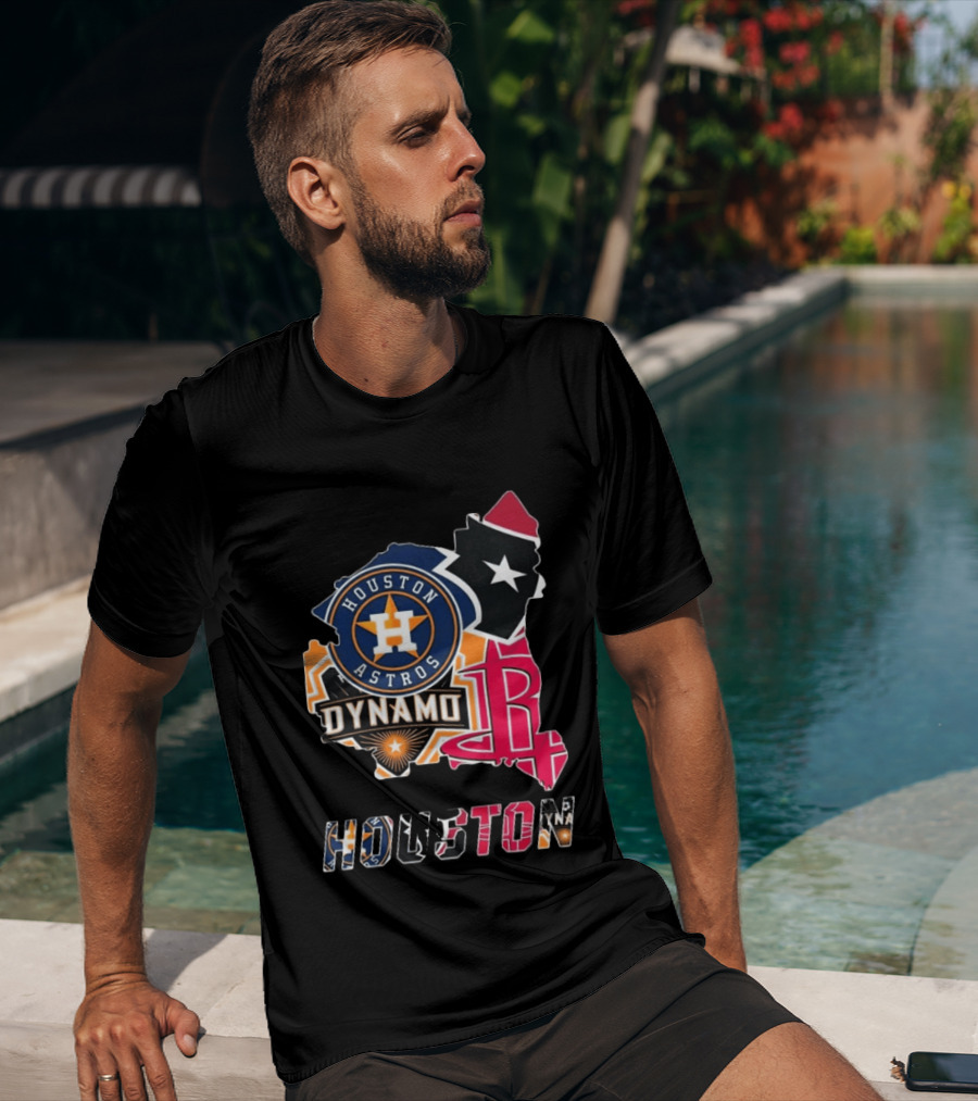 Houston Astros Texans Dynamo Rockets Map Logo Collage T-Shirt