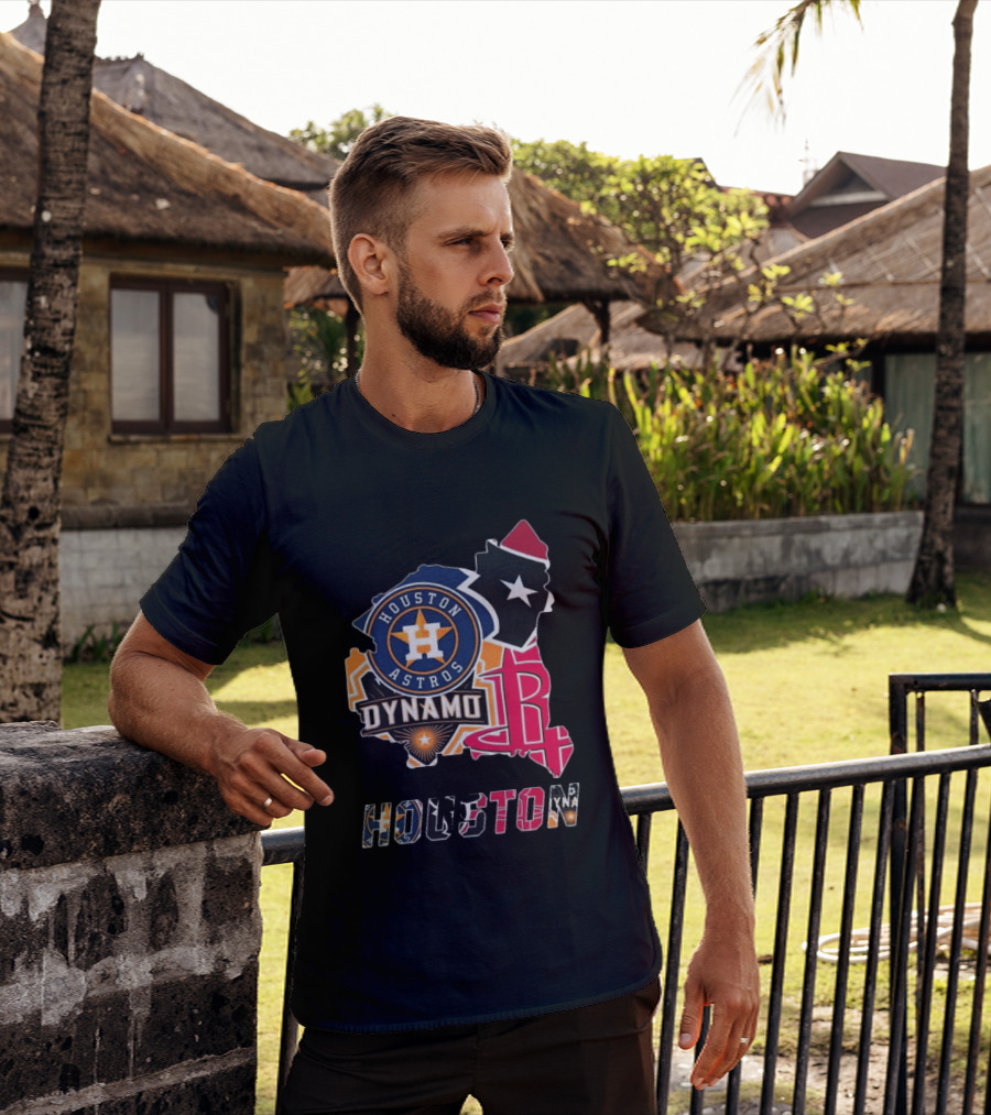 Houston Astros Texans Dynamo Rockets Map Logo Collage T-Shirt