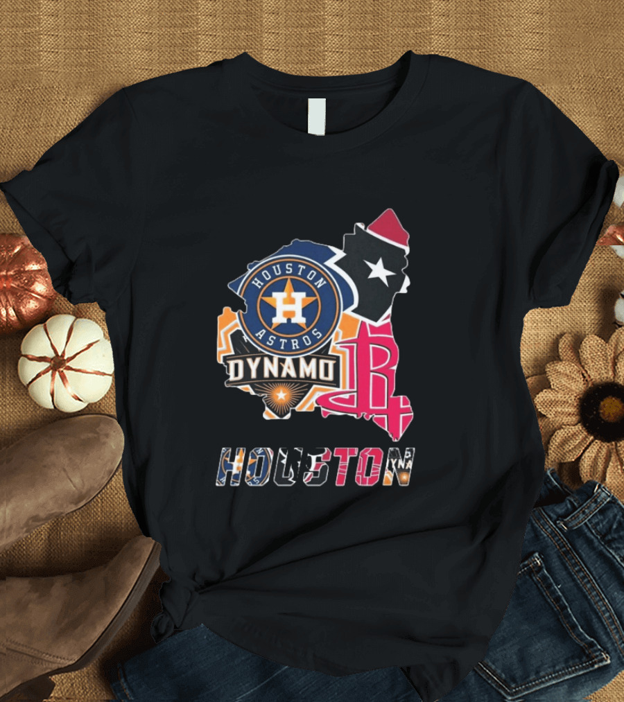 Houston Astros Texans Dynamo Rockets Map Logo Collage T-Shirt