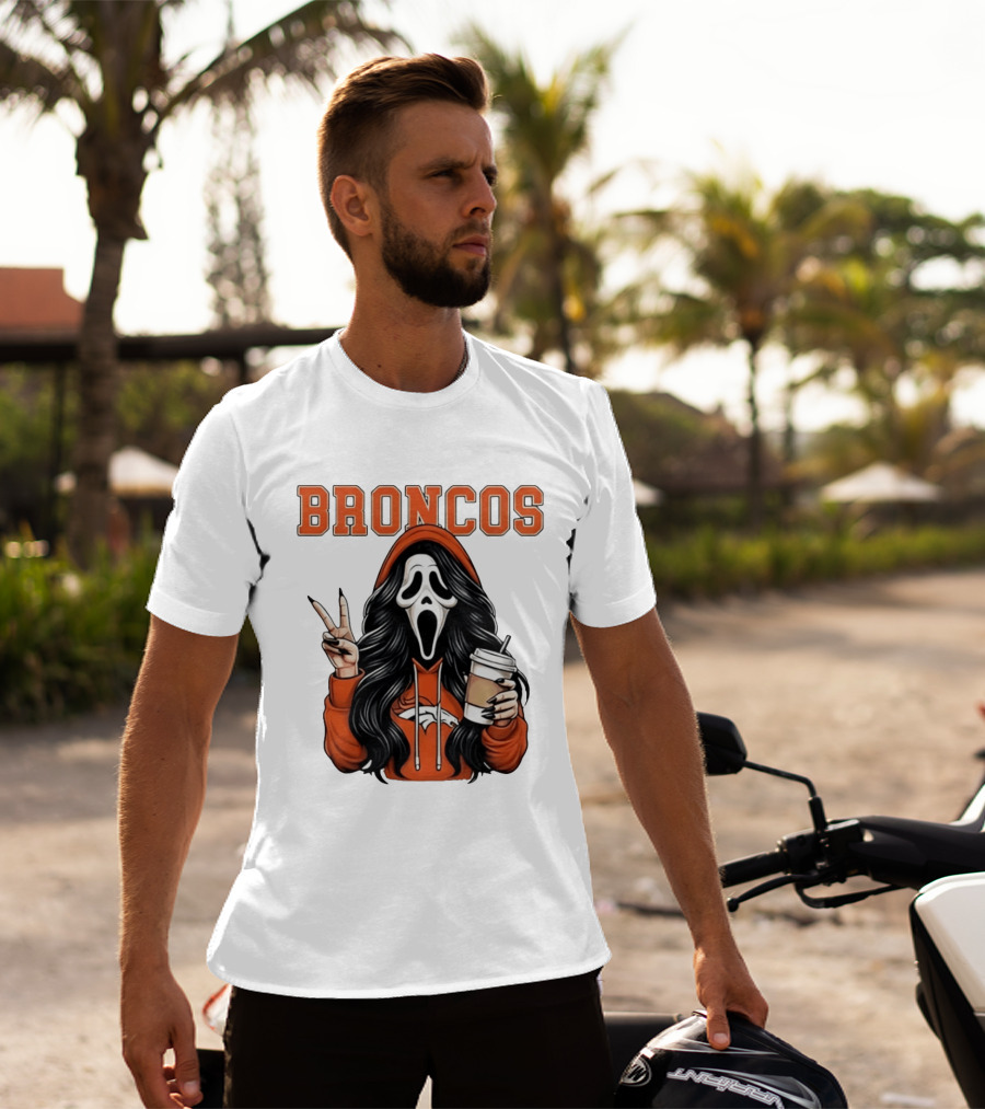 Broncos Ghostface Scream Halloween Coffee Peace Sign T-Shirt