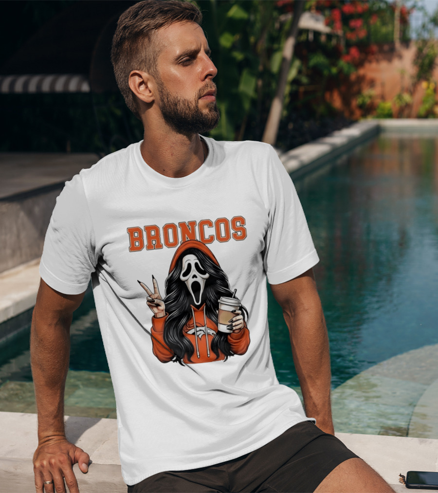 Broncos Ghostface Scream Halloween Coffee Peace Sign T-Shirt
